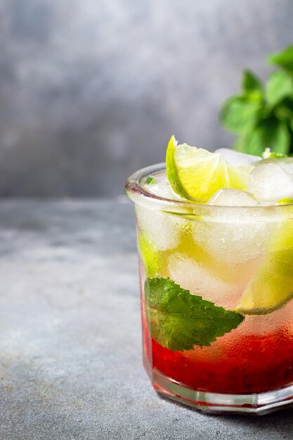 Cold detox water with lime strawberry mint in the glass with ice cubes on gray background close up