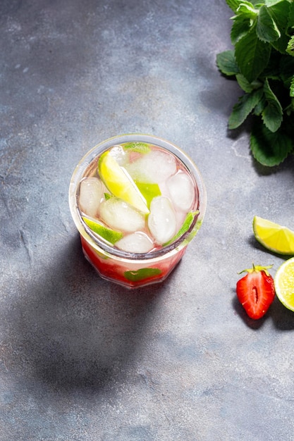 Foto acqua fredda detox con menta lime e fragola nel bicchiere con cubetti di ghiaccio su sfondo grigio