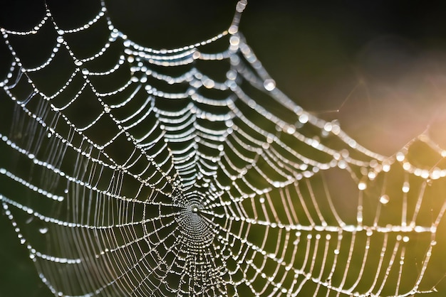 Cold dew condensing on a spider web with morning light rays in the background