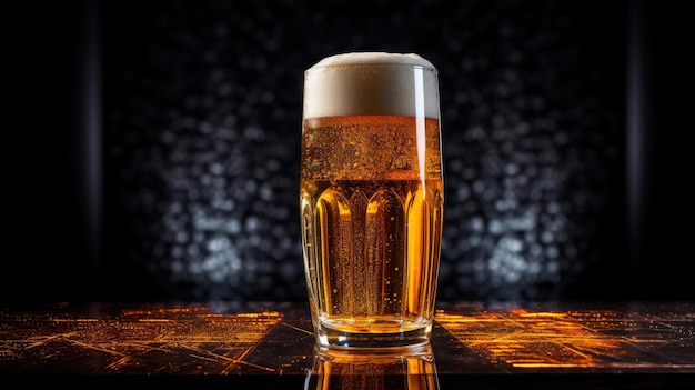 cold draft beer with glasses on table with black background and beautiful bokeh light