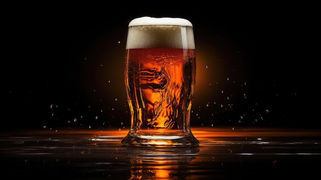 Cold draft beer with glasses on table with black background and beautiful bokeh light