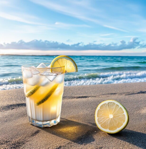 Cold drink in galss cup with beach ocean background