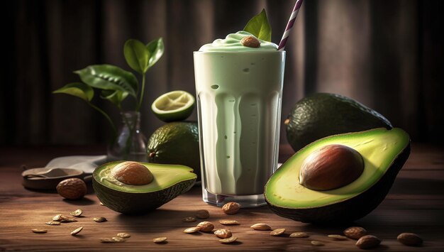 Photo cold drink made from milk and fruit avocado milkshake ai generated