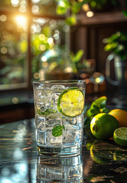 Cold drink with lime and mint on the kitchen table