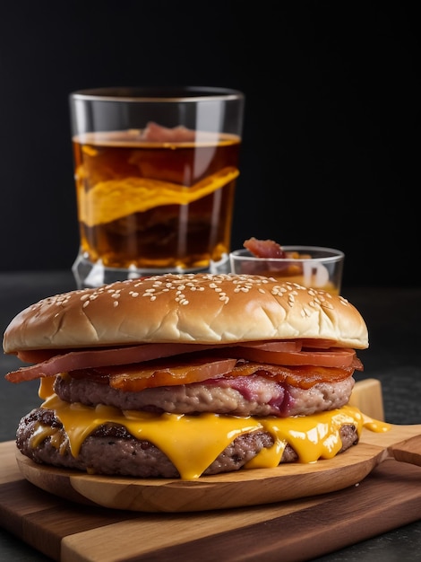 Cold drink with tasty burger