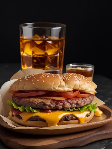 Cold drink with tasty burger