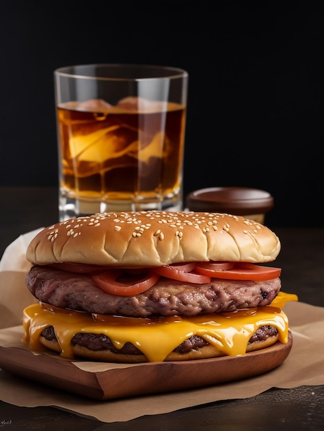 Cold drink with tasty burger