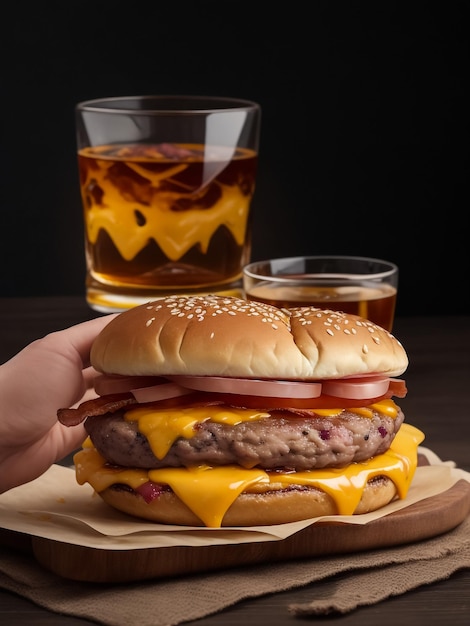 Cold drink with tasty burger