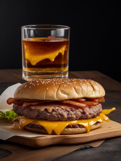 Cold drink with tasty burger