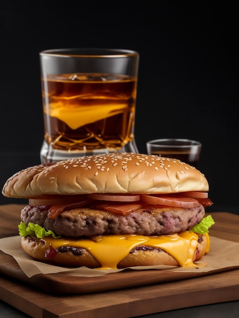 Cold drink with tasty burger