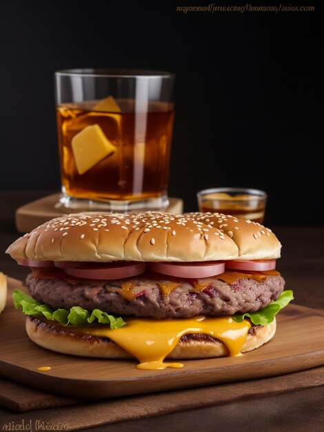 Cold drink with tasty burger