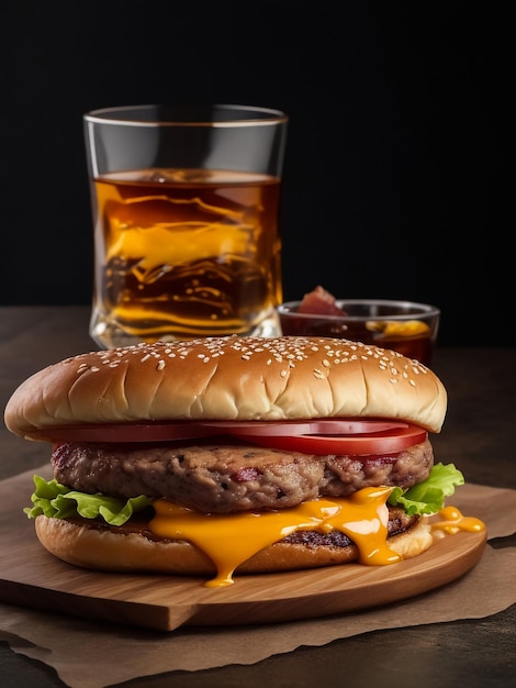 Cold drink with tasty burger