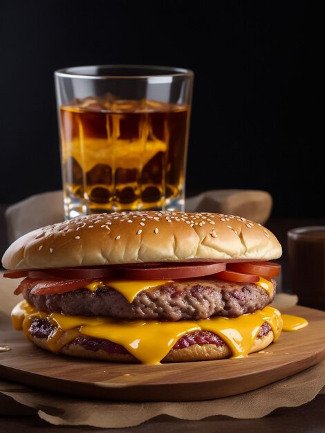 Cold drink with tasty burger