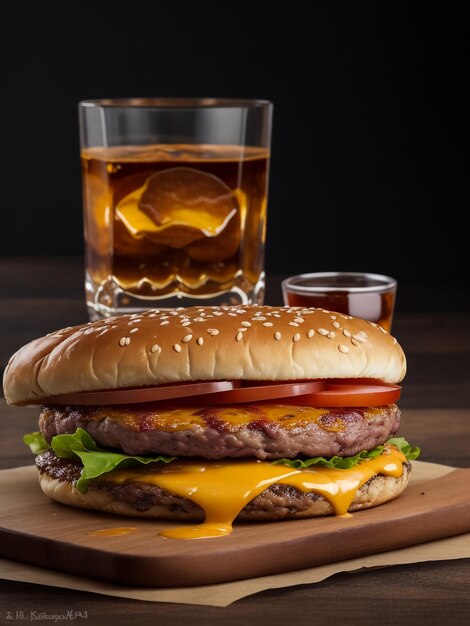 Cold drink with tasty burger