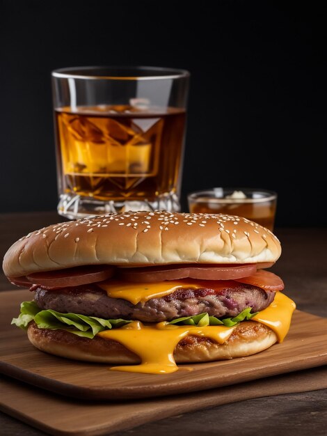 Cold drink with tasty burger