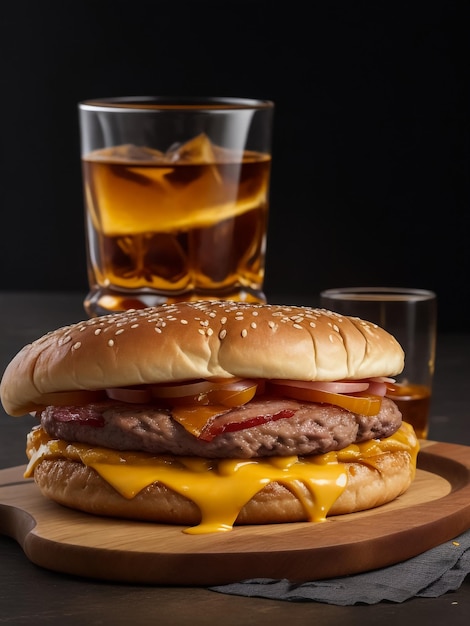 Cold drink with tasty burger