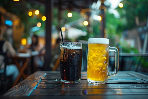 Cold drinks on a table at an outdoor cafe