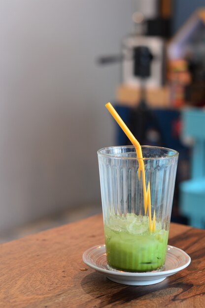 Cold drinks on a wooden table in a coffee shop