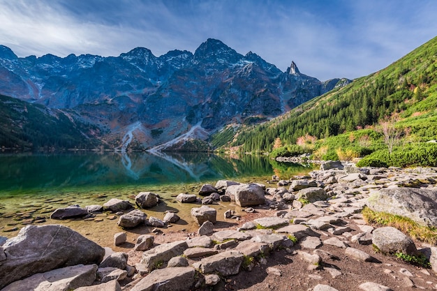 Cold dusk at pond in the Tatra Mountains in autumn