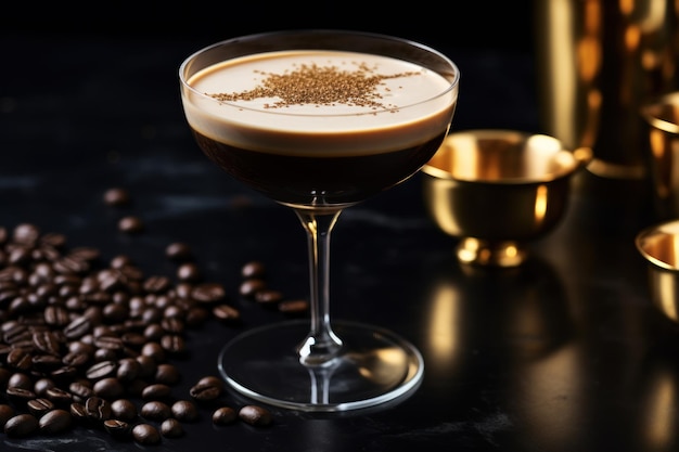 Cold Espresso Martini Modern glass with gold and decoration around it AI generated