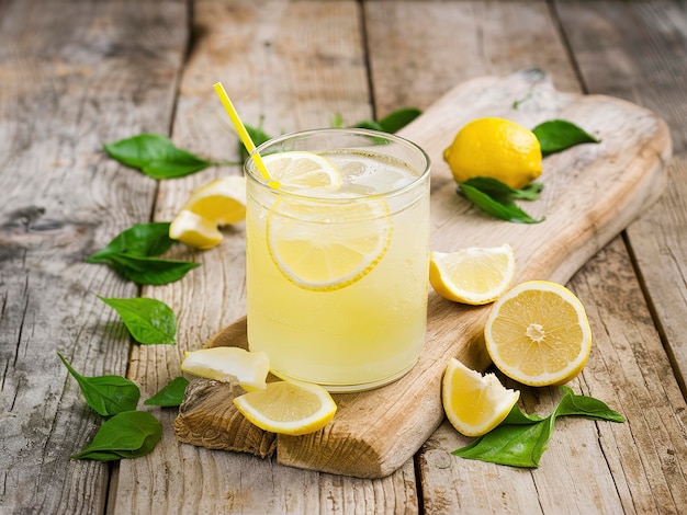 Cold fresh lemonade drink on a wooden background