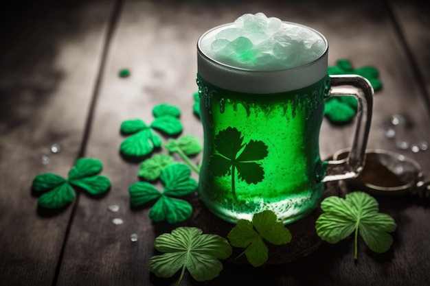 A cold frosty glass of beer is accompanied by green shamrocks in celebration of St Patrick's Day