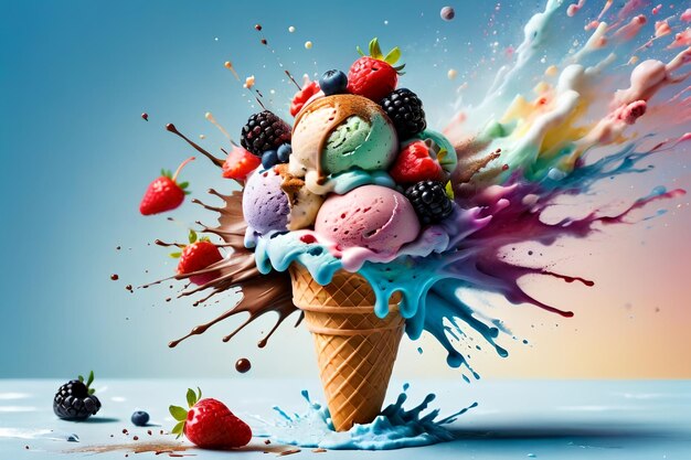 青い背景の冷たいフルーツの甘いアイスクリーム
