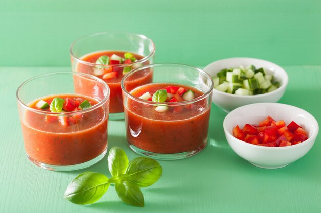 Cold gazpacho soup in glasses