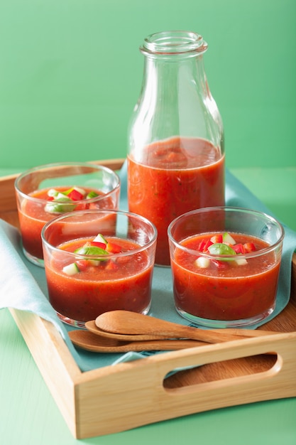 Cold gazpacho tomato soup in glasses