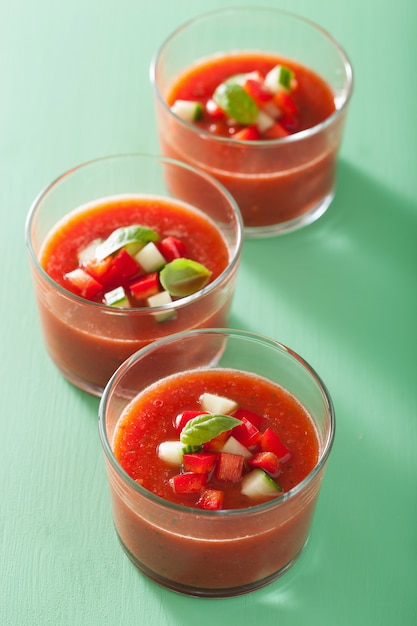 Cold gazpacho tomato soup in glasses