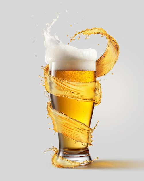 A cold glass of beer and a splash around it isolated on a gray background