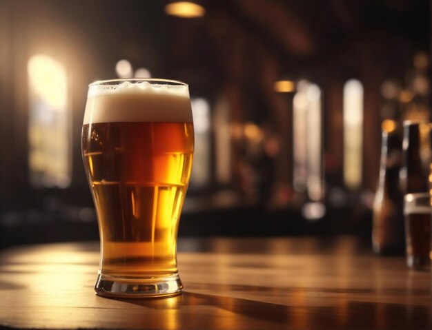 Photo cold glass of beer on wooden table in a bar