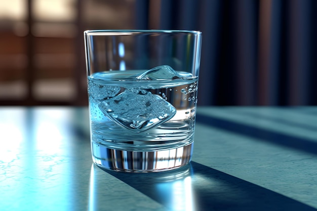 Cold glass of drinking water with ice on wooden table Genetative AI