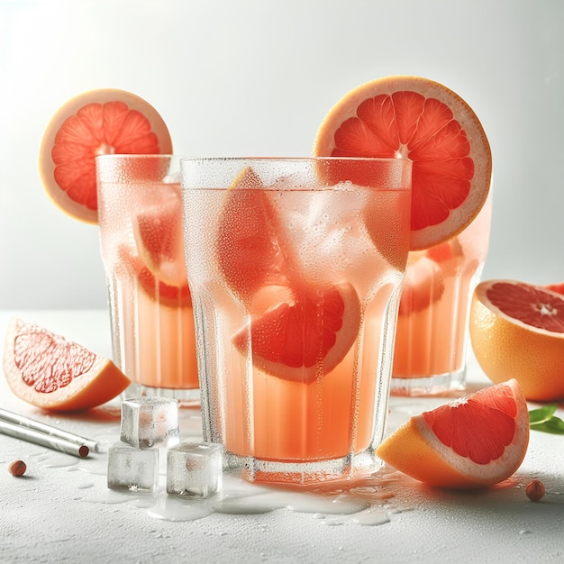 холодный стакан сока грейпфрута с большими каплями конденсации на белом фоне