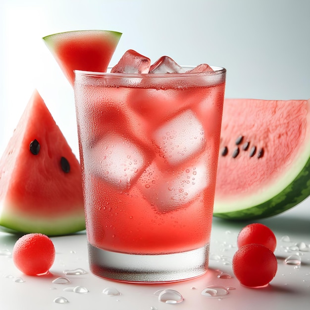 cold glass of watermelon juice with large drops of condensation on them on white background