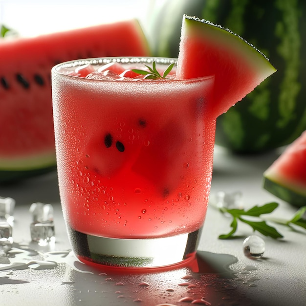 cold glass of watermelon juice with large drops of condensation on them on white background