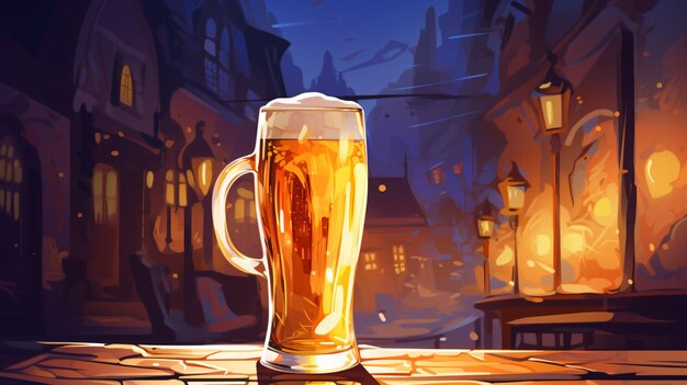사진 컵 안의 차가운 황금색 맥주는 술집 배경에 서 있습니다.