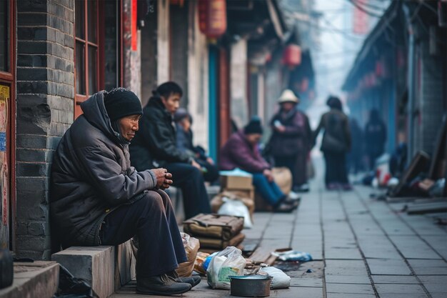 Photo cold and hungry homeless men sitting on asian street selective focus