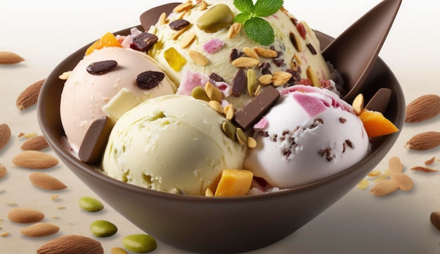 Cold ice cream topped with mulitple fine chopped dry fruits Generate Ai