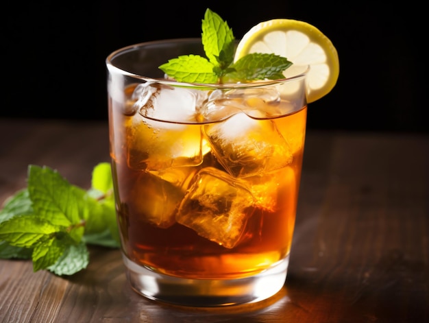 Cold ice tea with ice cubes lemon and mint