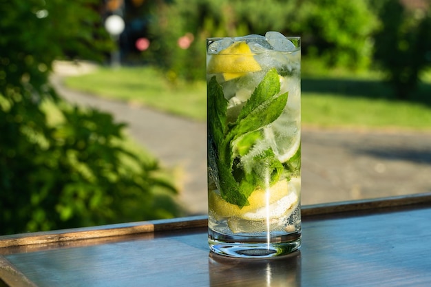 Cold iced mineral water with mint leaves and lemon pieces in tall glass on a table on outdoor background