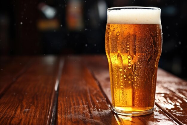 A cold lager beer glass with condensation droplets