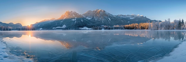 사진 추운 풍경 겨울 산의 해가 뜨고 얼음 호수와 얼어붙은 나무가 파노라마 파란 새벽에