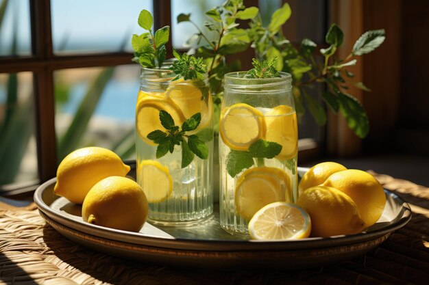 Photo cold lemonade in a glass jar with lemon slices and mint leaves generative ia