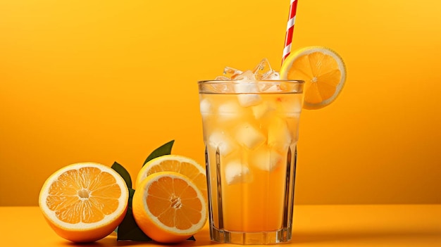 A cold lemonade juice with straw in a glass on orange background