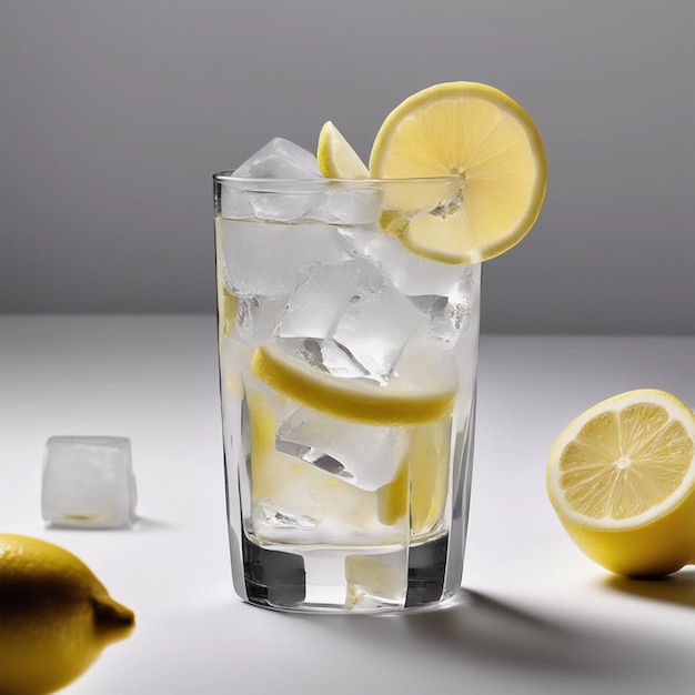 Cold lemonade with ice cubes and lemon pieces