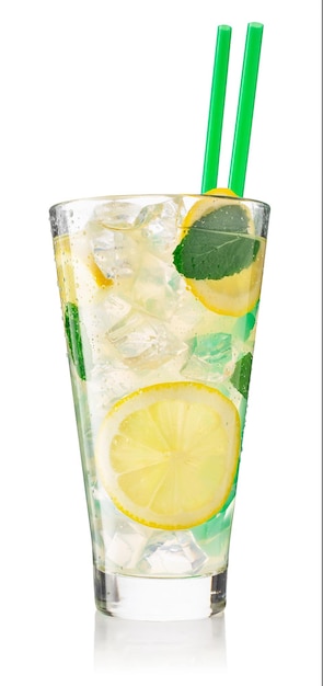 cold lemonade with mint and cubes of ice in glass isolated on white background