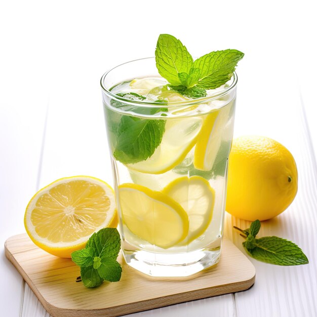 Cold lemonade with mint and lemon Drink in hot weather Lemonade on the beach