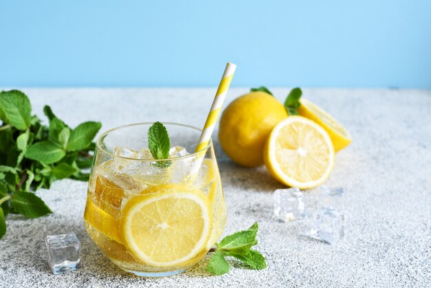 Cold lemonade with mint and lemon juice