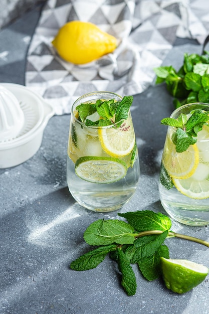 Cold lemonade with mint, lemon and lime in a glass. Preparation of lemonade